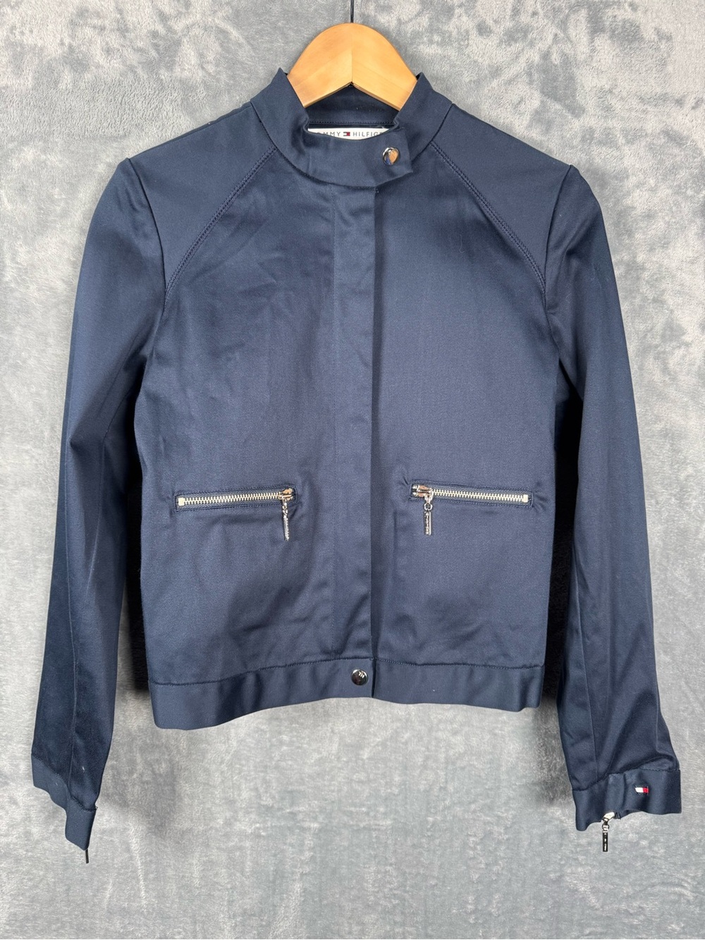 Tommy Hilfiger Tech Stretch Moto/Bomber Jacket | Navy Blue | Zip Front | Size 4